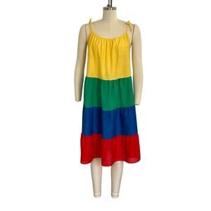 Vintage Primary Color Block Midi Dress with Adjustable Straps